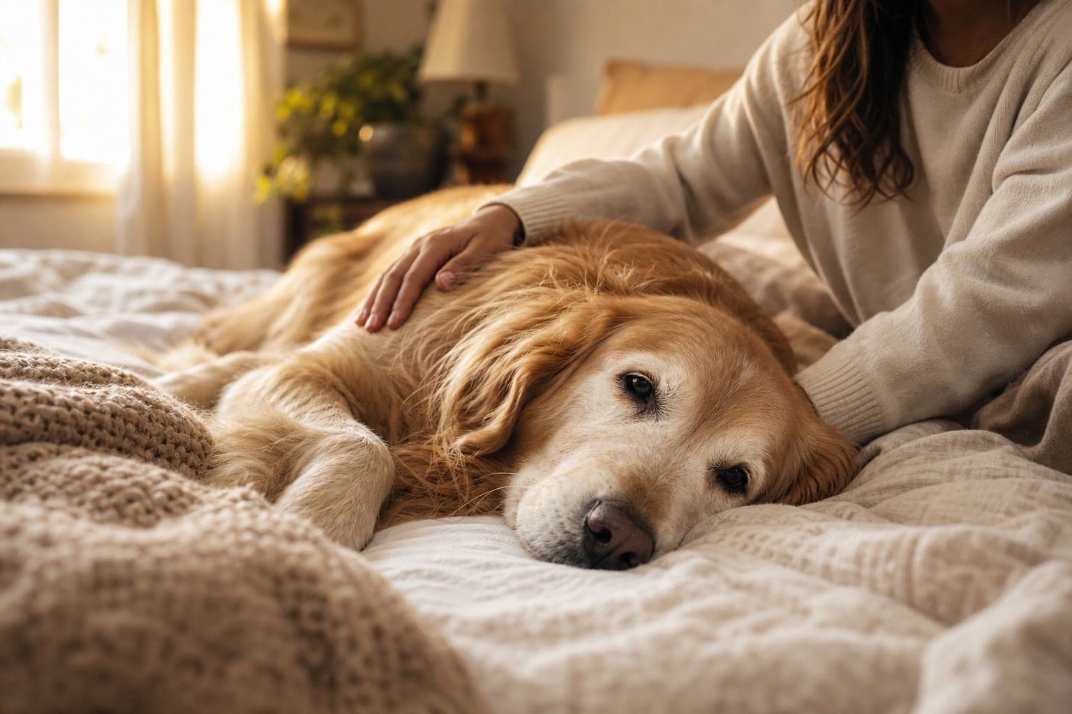 女主人陪著趴在床上的老年黃金獵犬,暖陽晨光